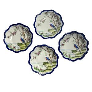 Vintage 20s Set 4 Seto Japanese Cobalt Blue Handpainted Bird Porcelain Dishes